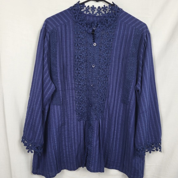 Unbranded Tops - Navy Blue‎ Floral Crochet Lace Trim Striped Button Front Blouse XL